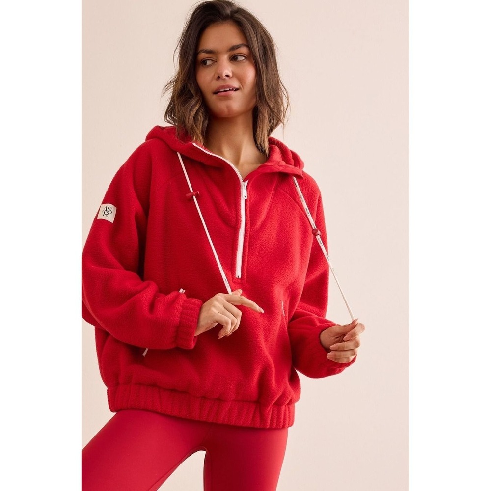 AS Revival Red Sherpa Fleece Half‎ Zip Hooded Pullover Jacket Size Small